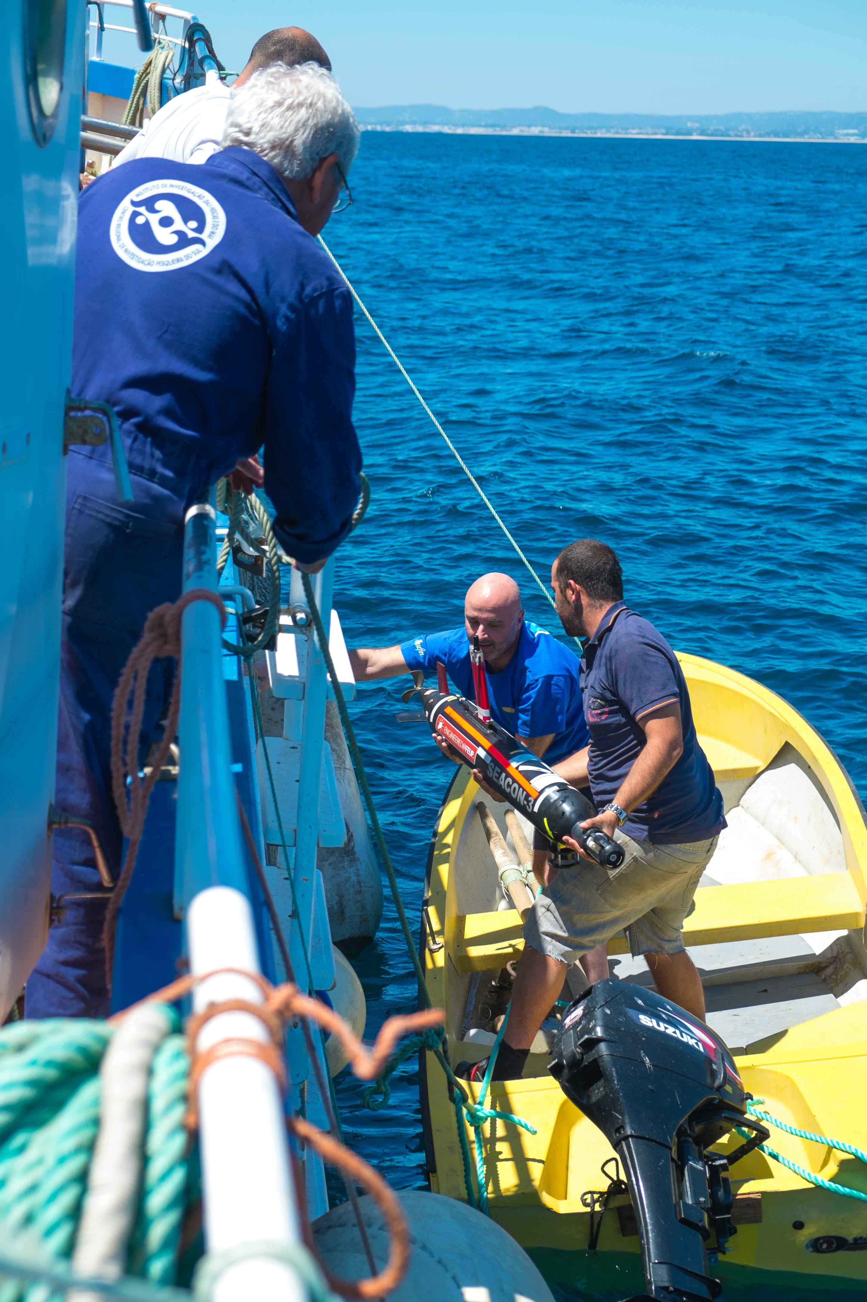 Joao Tasso transferring the Seacon AUV from the Diplodous prior to launch. Unlike the Xplore1, the Seacon's outer shell and the nose is more sensitive to being dropped from the ship, making its launch/recovery more complex. As an older (but reliable) vehicle this and another Seacon will be our backup to the Xplore even if their onboard battery life is only about 5 hours in comparison to nearly 24 hours for the Xplore.